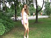 Huge Titted Teenage Blondie Willingly Flashing Off Her Pussy clad in the Park