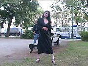 Cute Flasher Throws Her White Coat Clothes in the City Park