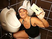 Horny mature slut gets face pissed and fucked on a toilet