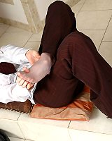 Red Hot Business Woman In Grey Pantyhose Caressing Her Feet On The Floor
