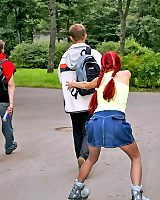 Redheaded Teen Brunette In Pantyhose Shows Sexy Ass Outdoor