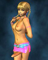 Pigtailed Blonde 3D Cartoon Tranny Show Her Lovely Long Cock Under Her.