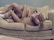 Stacked Blonde Caressing Hot Chick Blowjob On Blue Sofa