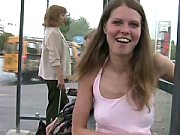 Slutty Brown Haired Teen Flashing Her Round Coed in Public