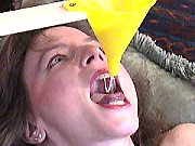Cute tits and Wild Chubby Brunette Slut Being Funneled Hot Cum