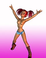 Pink pigtailed CGI cutie slightly pulls skirt up daisy dukes and gives herself cameltoe