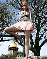 Bold Girl Sexy Posing Outdoors In Flying Skirt And No Panties Under Matte Tights