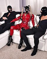 Euro fetish freak Latex Lucy having MMF threesome with men in latex masks